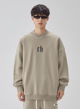 CH灰色圆领厚棉T男秋美季重磅式牌套头长袖休闲宽松情SC200710侣