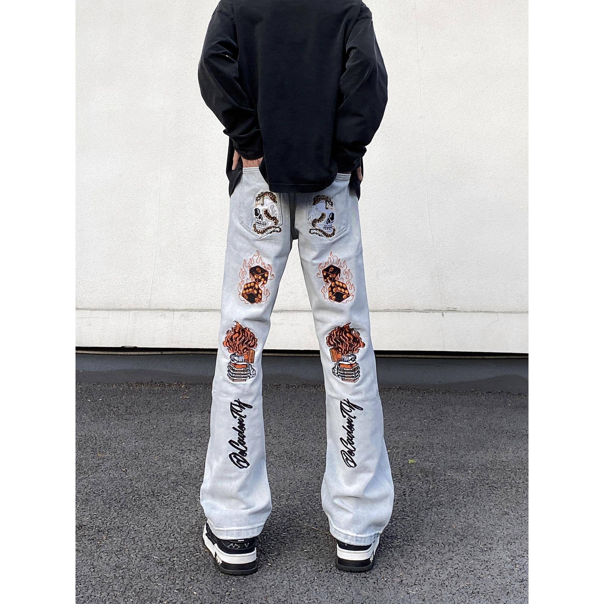 美式n高街古cleafit刺绣黑色牛仔复裤男QPU宽松牌微喇潮痞帅嘻哈