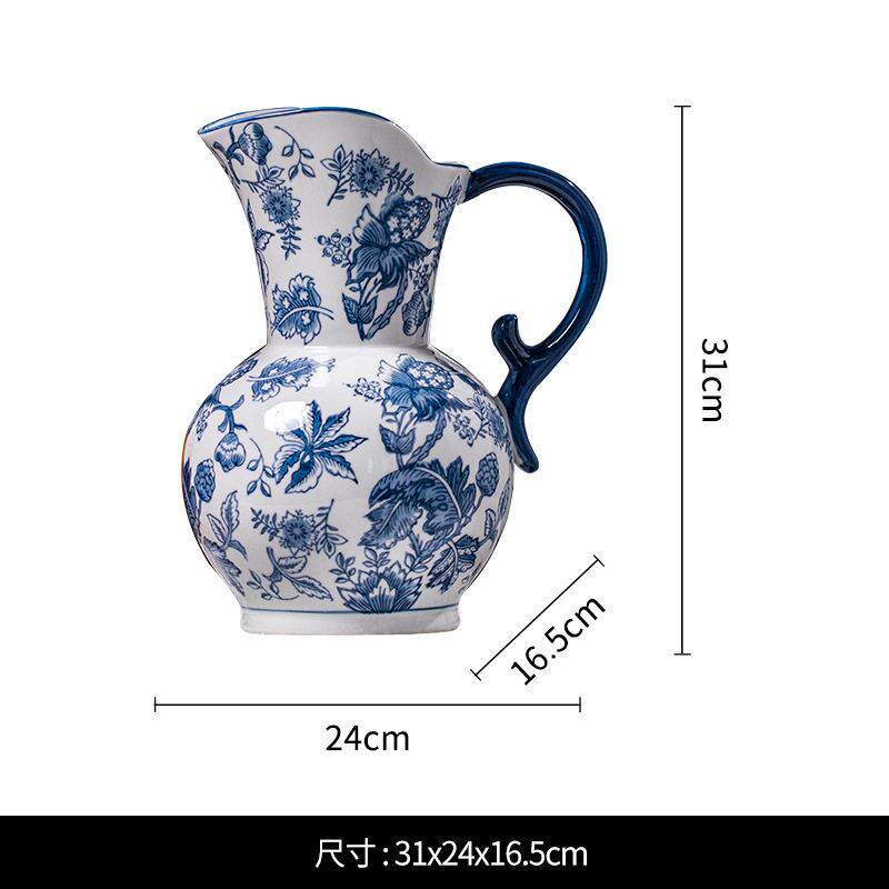 新中式花瓷奶壶花北欧风客厅摆件中式级感陶瓷插花瓷花