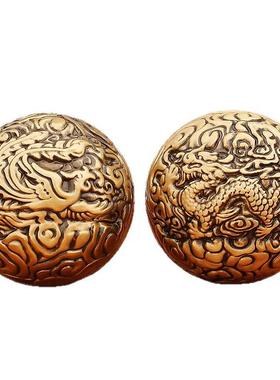 黄铜龙凤核桃手球手把件复古老人锻炼手指铜器纯铜盘玩一对转转球