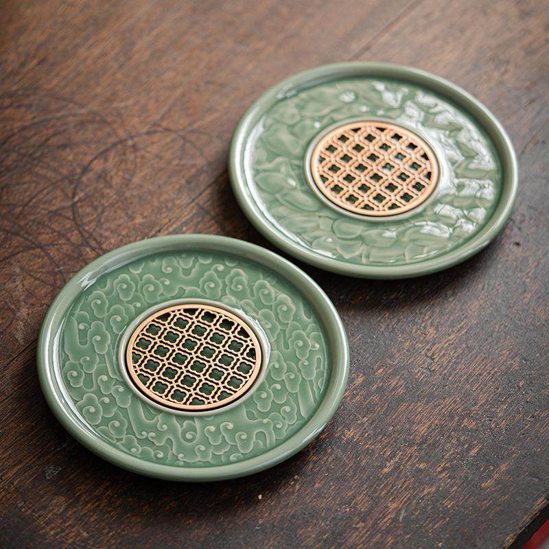 陶瓷手工壶承青瓷影雕盖碗茶壶底托复古功夫茶具茶道配件