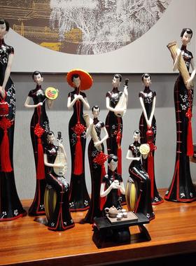 中式古典旗袍仕女摆件家居客厅家具饰品工艺品艺术家人物茶室摆设