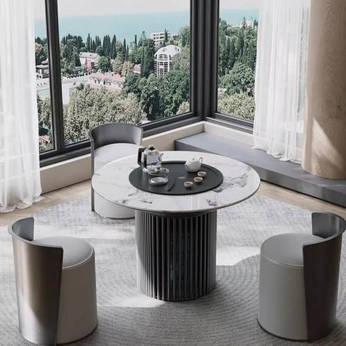 现代简约小户型家用阳台圆形茶台高级感岩板泡茶桌可移动烧水茶台