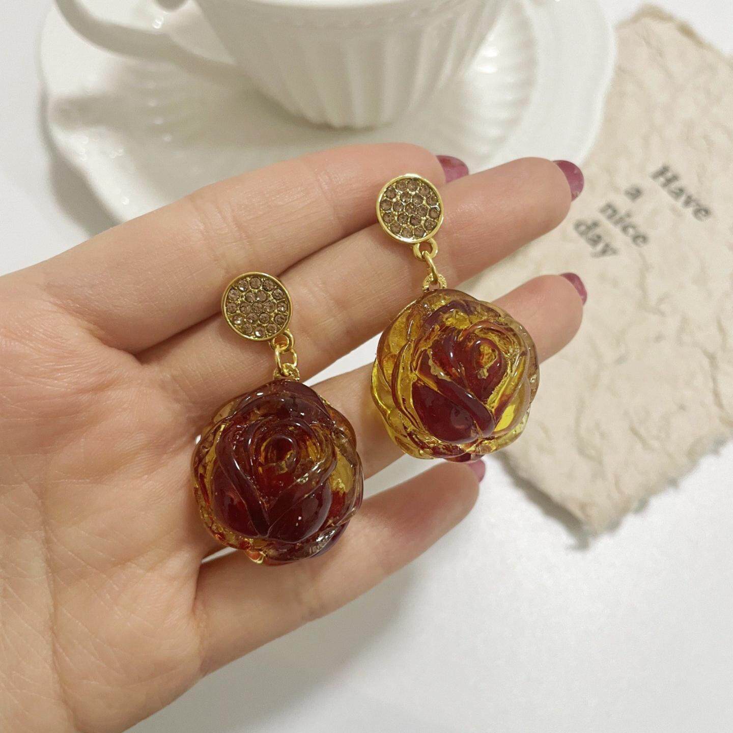 时尚轻奢琥珀色玫瑰花吊坠耳环美拉德复古风高级感小众耳饰新款女