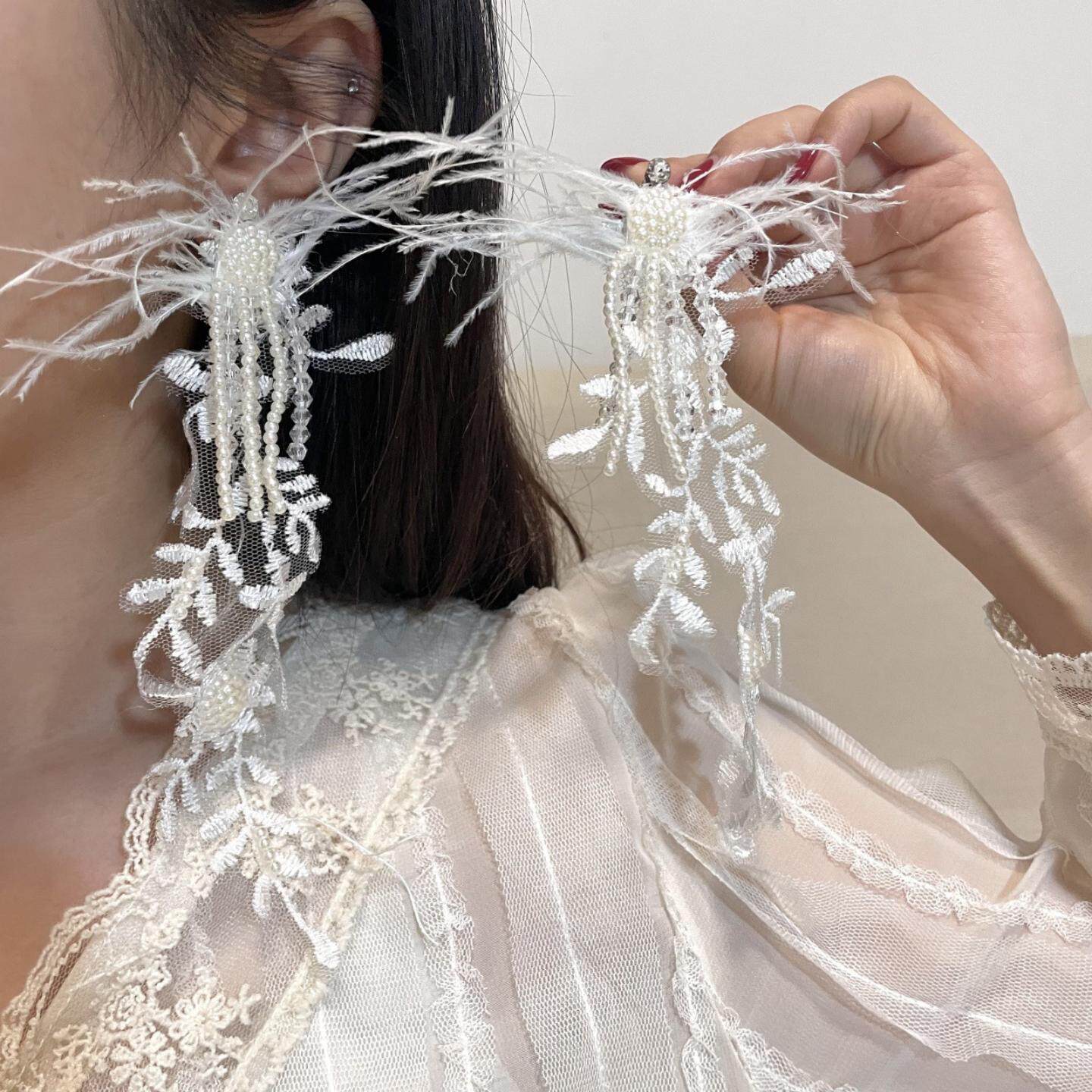 超仙公主风羽毛蕾丝珍珠流苏耳环甜美优雅淑女高级感夸张耳饰品