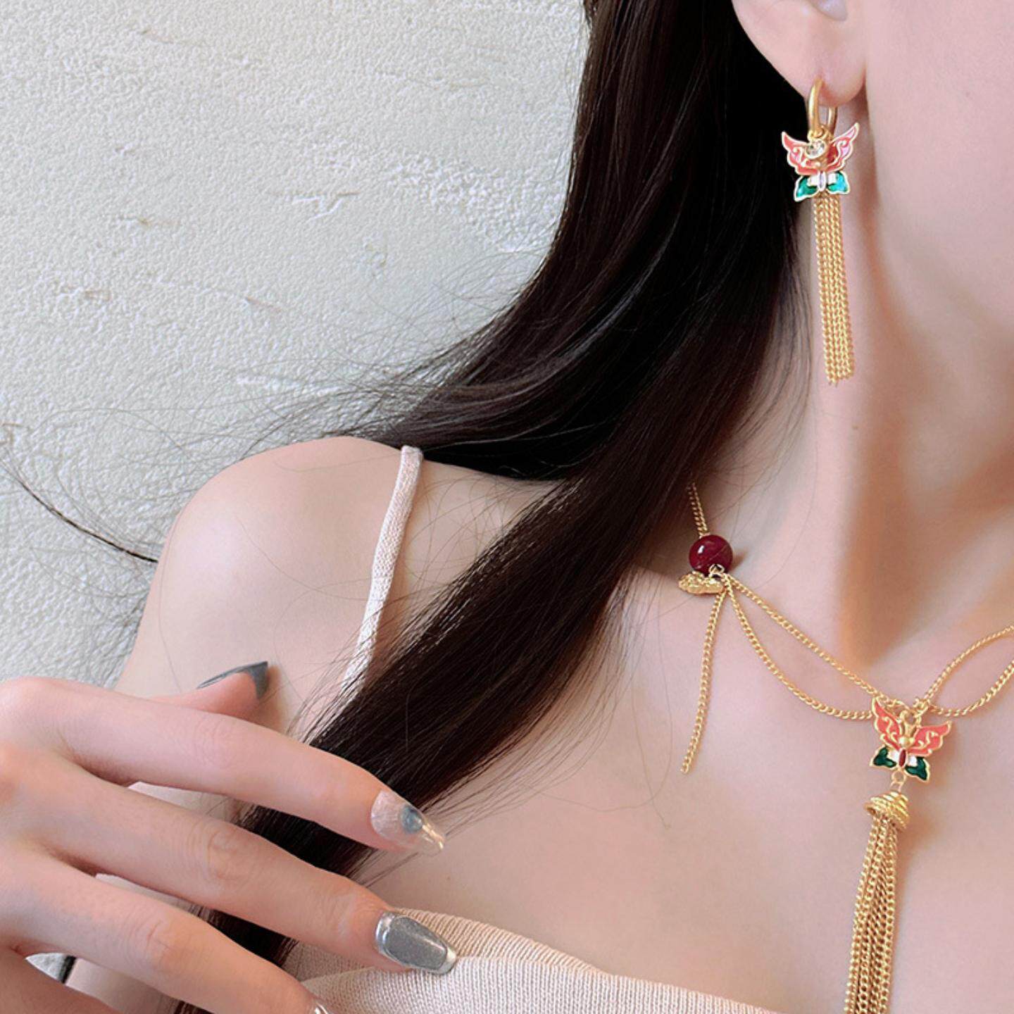 古法蝴蝶流苏项链黄金色珐琅珍珠毛衣链轻奢彩宝百搭首饰耳环女