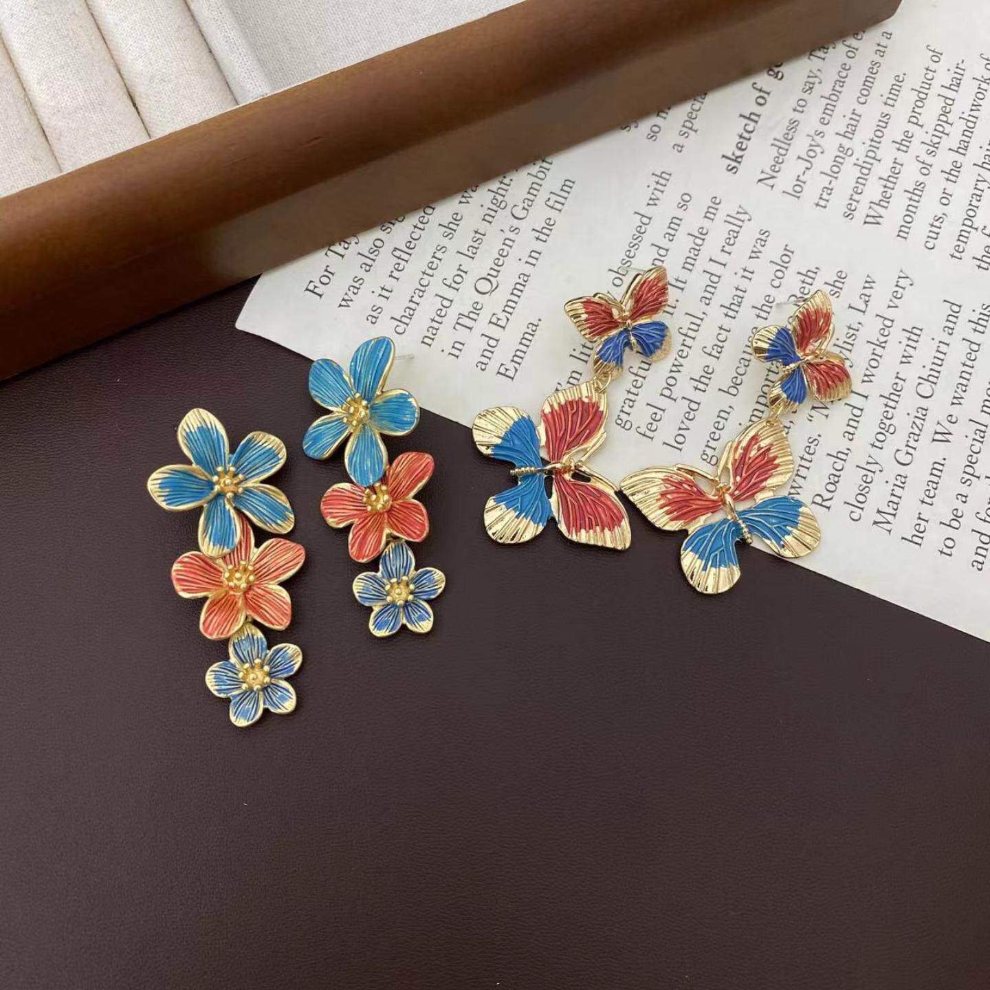 设计感甜美彩色花朵耳环女复古珐琅金沙花卉彩绘国风气质高端耳饰