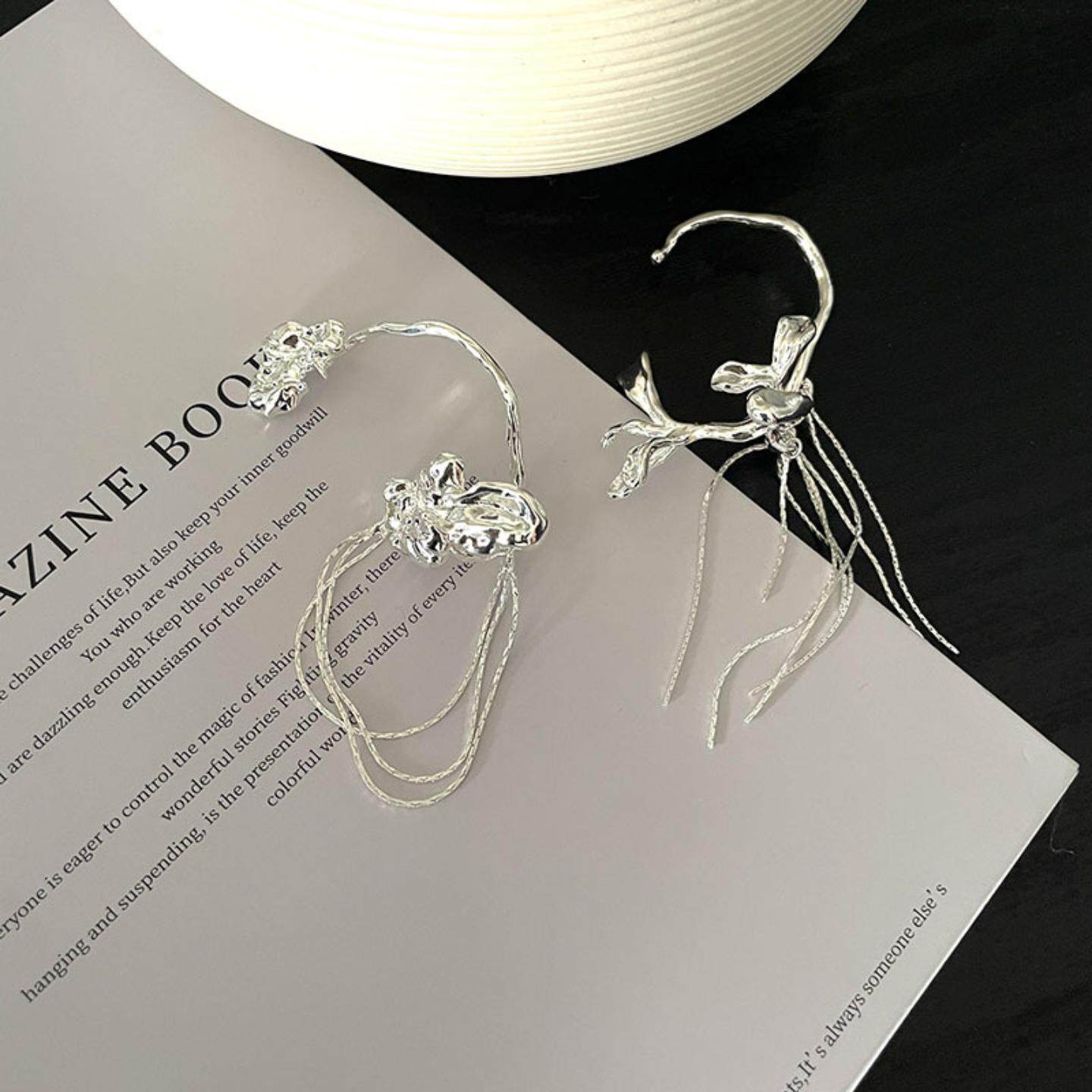 高级感小众异形花卉长款流苏耳环ins暗黑系耳骨夹耳挂汉服步摇