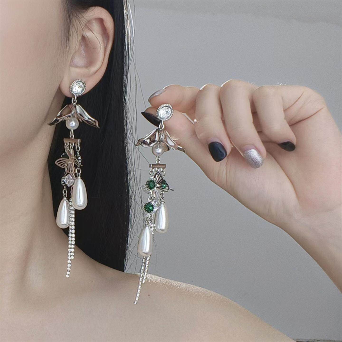 花影摇曳 超仙法式复古金属花朵耳环绿色串珠珍珠流苏吊坠高级感