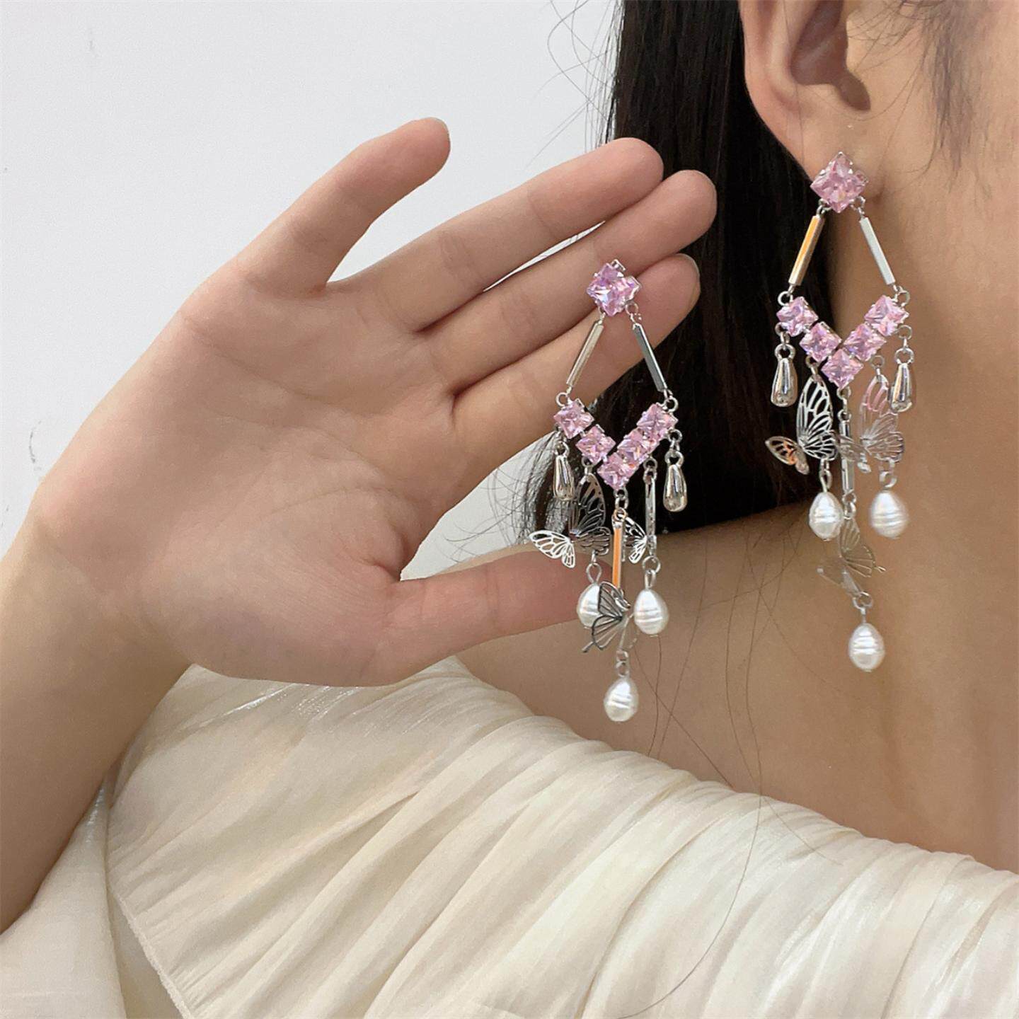 粉色水晶流苏吊坠耳环女蝴蝶珍珠巴洛克复古耳饰轻奢高级感耳针耳