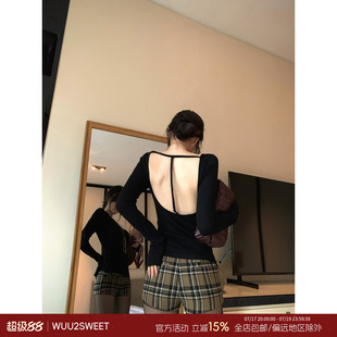 吴太甜 露背镂空黑色长袖T恤女初秋穿搭修身时髦打底衫内搭上衣