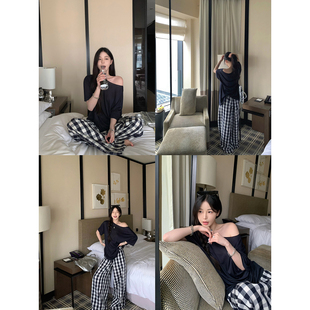 吴太甜 莱赛尔韩系休闲慵懒松弛斜肩露肩短袖t恤女宽松设计感上衣