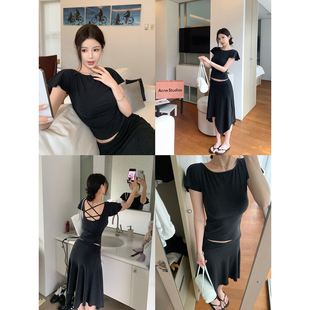 吴太甜 小飞袖设计短袖T恤女修身显瘦交叉露背不规则半身裙套装