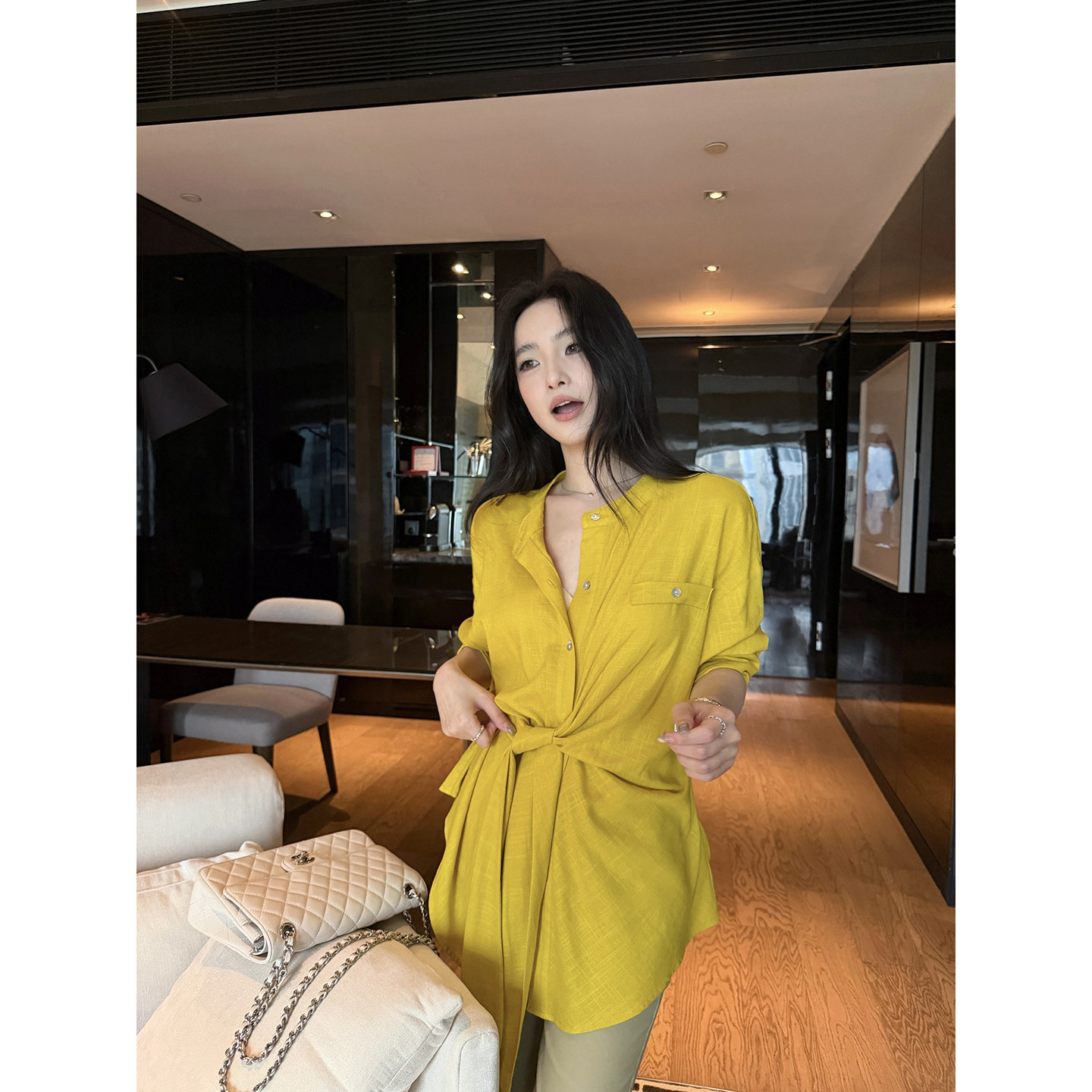 吴太甜 不规则交叉绑带亚麻天丝衬衫女收腰显瘦休闲百搭气质衬衣