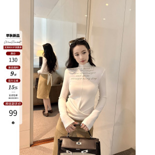 吴太甜 字母印花正肩交叉绑带长袖T恤女韩系弹力显瘦半高领上衣