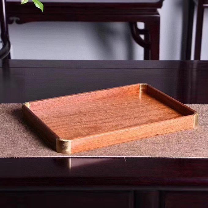 缅甸花梨木茶盘镶铜角小型壶托家用实木质文盘长方形收纳都承茶具