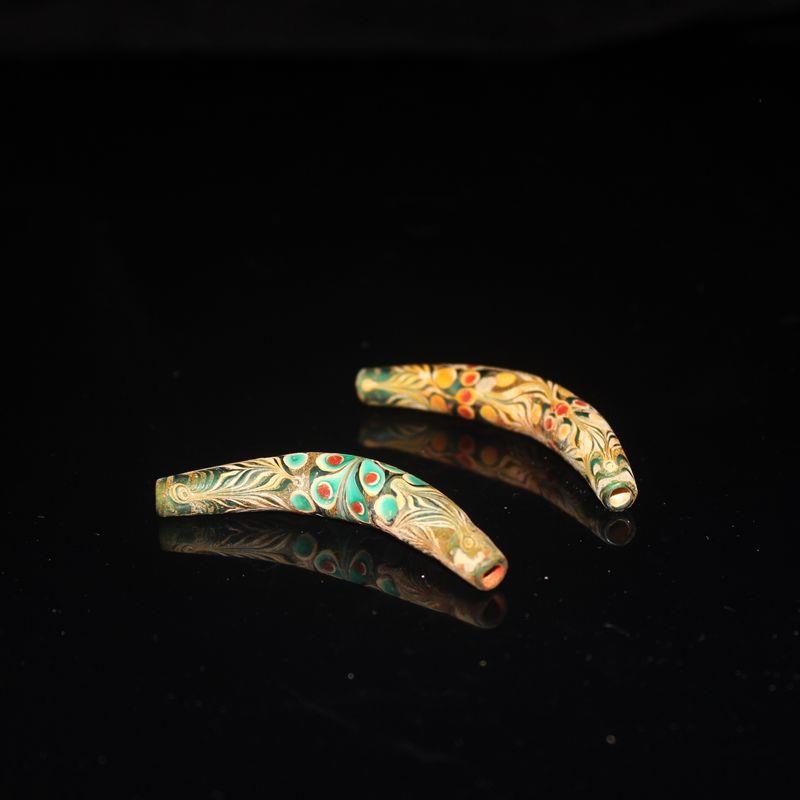 中古老琉璃羽毛纹弯管配饰古珠老珠子战汉老琉璃管珠收藏