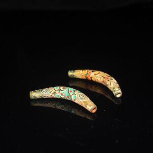 中古老琉璃羽毛纹弯管配饰古珠老珠子战汉老琉璃管珠收藏