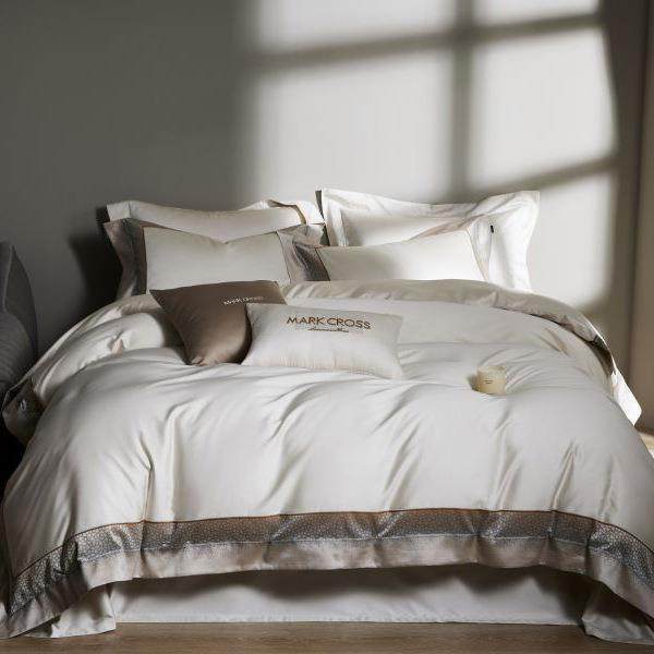 新款100支纯色色织边条大提花宽边拼角四件套工厂贸易