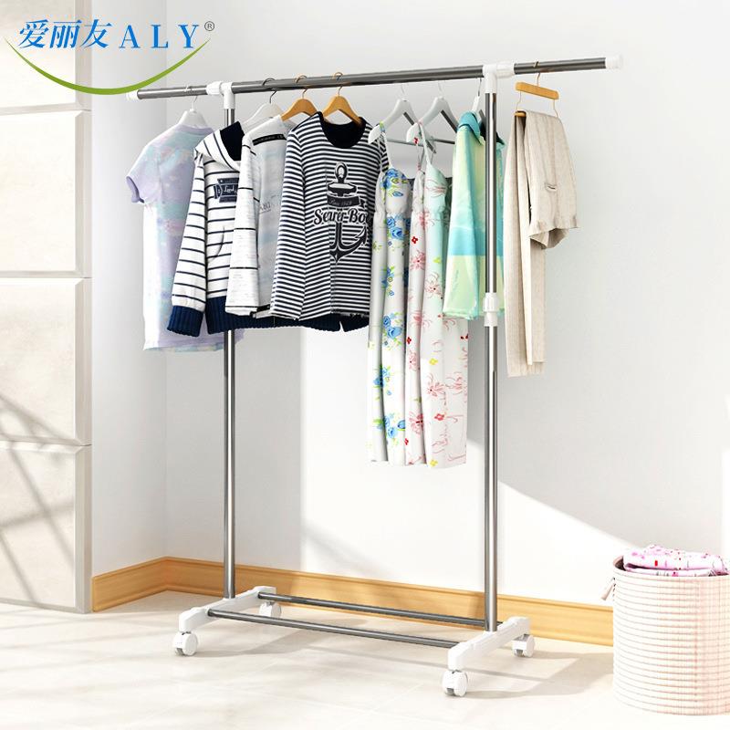 不锈钢落地式晾衣架单杆双杆晾衣架可移动滚轮室内挂衣架