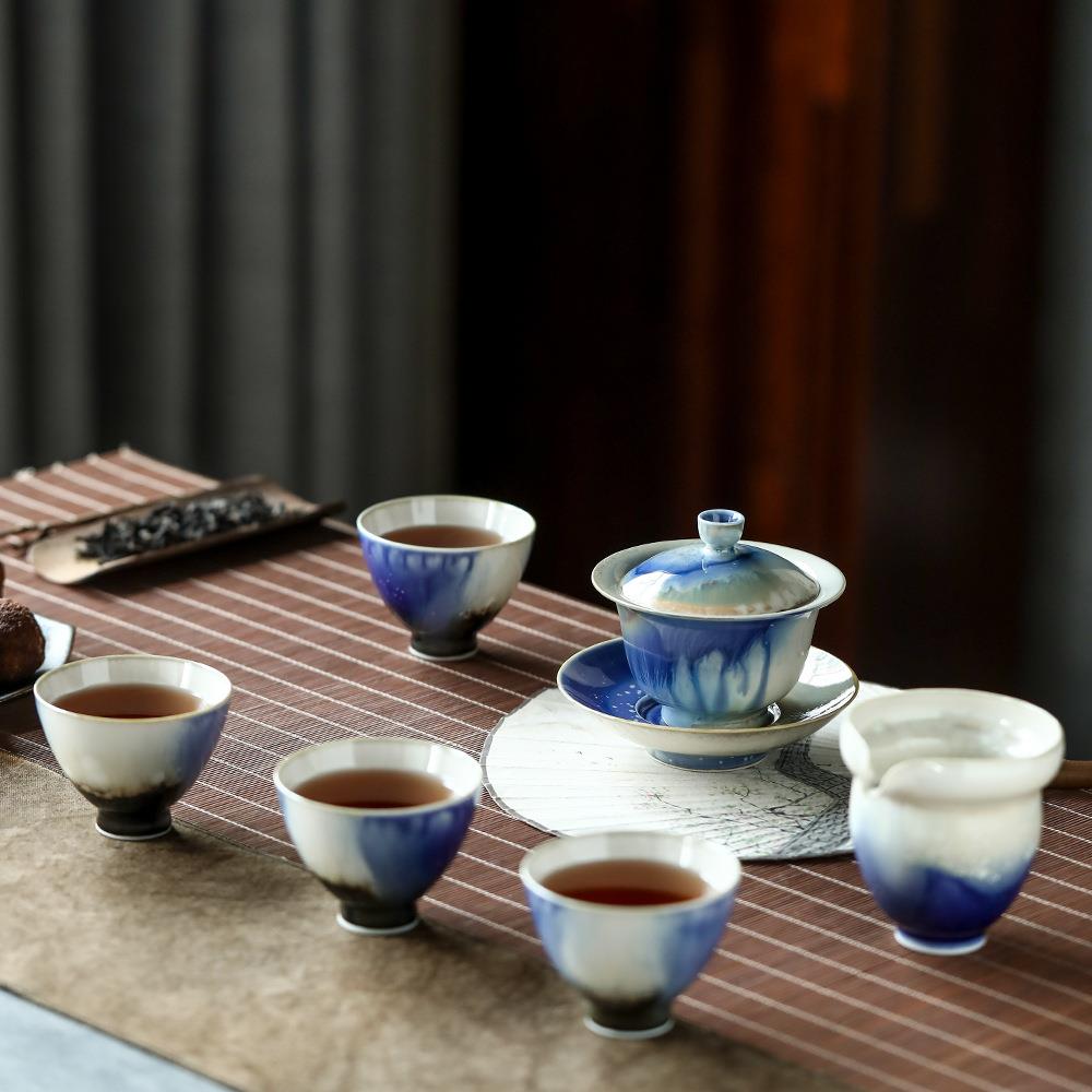 琼台飞雪系列套组极光窑变全手工三才盖碗泡茶碗主人杯品杯小茶杯