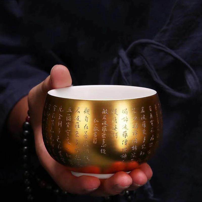 弘一法师鎏金茶杯陶瓷羊脂玉白瓷心经杯主人杯单杯大号个人品茗杯