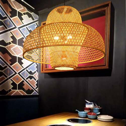 新中式餐厅饭店包间包房农家乐竹编吊灯个性日式竹子创意圆桌灯具