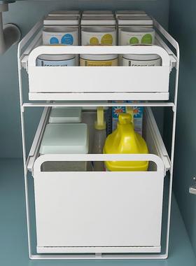 热销橱柜双层调味抽拉式深柜收纳篮免打孔厨房台下水槽置物架柜内