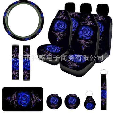 蓝色玫瑰花组合15件套印花汽车座椅套方向盘套扶手垫护肩套