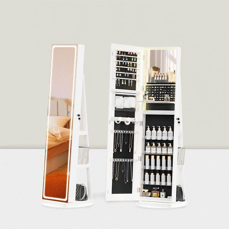 现代简约实木穿衣镜旋转落地全身镜柜家用试衣镜子收纳储物首饰柜