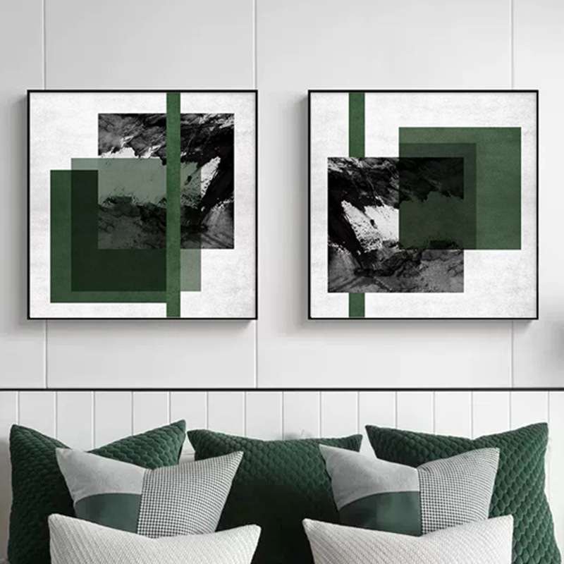 新中式水墨现代简约客厅装饰画黑白灰抽象绿色挂画样板房几何壁画