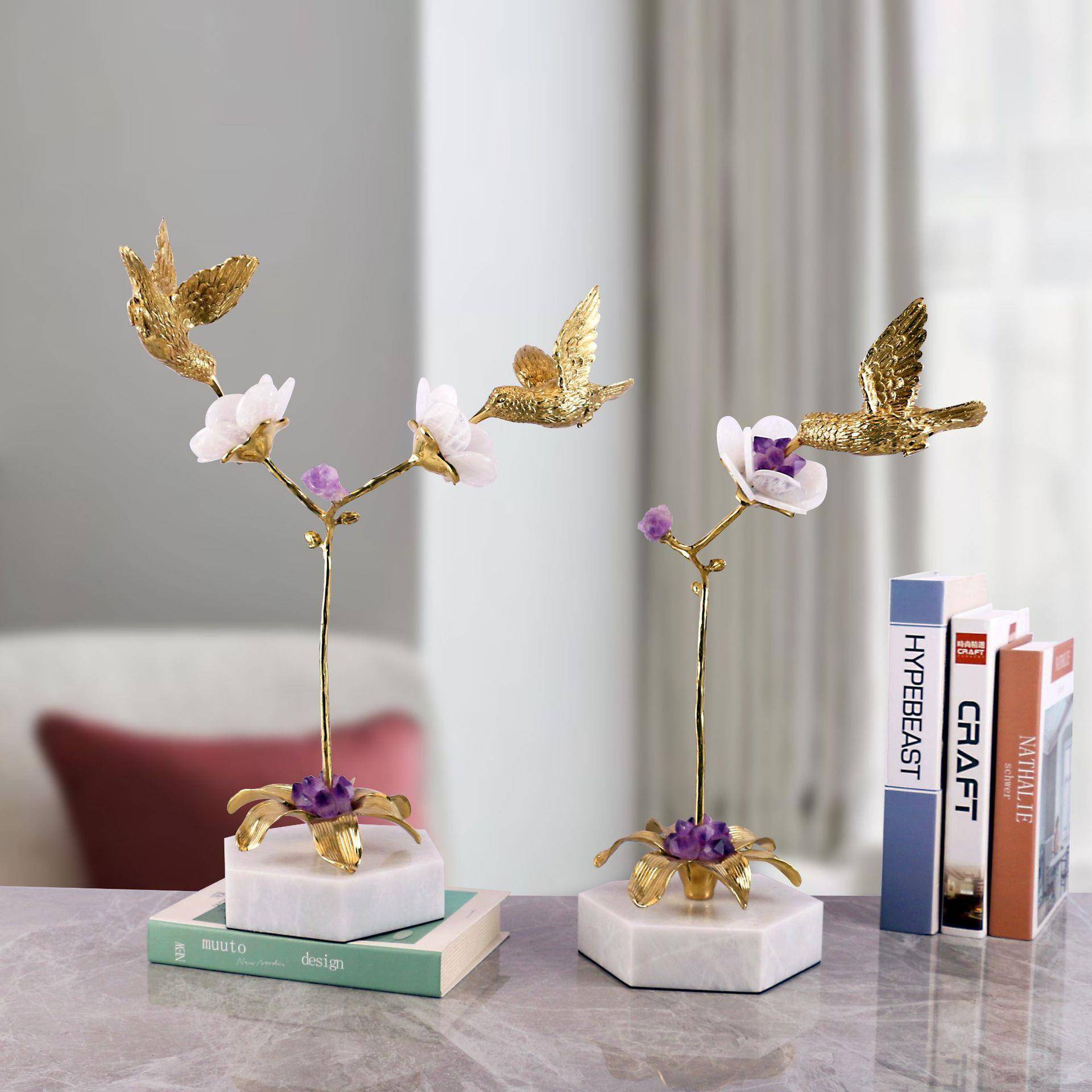 轻奢铜鸟白色大理石家居艺术摆件卧室客厅电视柜家居软装装饰品