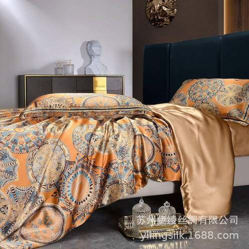北欧花型真丝四件套100桑蚕丝被套床单丝绸套件婚庆床品数码印花