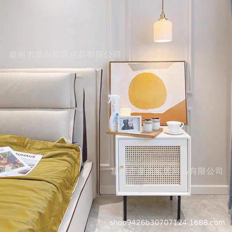 北欧实木床头柜家用小户型藤编收纳储物柜民宿卧室简约边柜