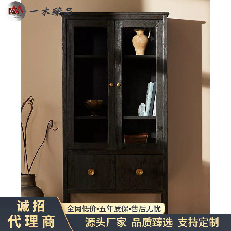 美式轻奢实木书柜儿童落地书架黑色储物玻璃门酒柜装饰柜储物酒柜