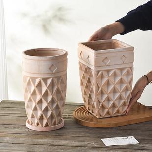 雾化白瘦高款浮雕覆古做旧透气陶土花盆 阳台简约ins风庭院造型盆