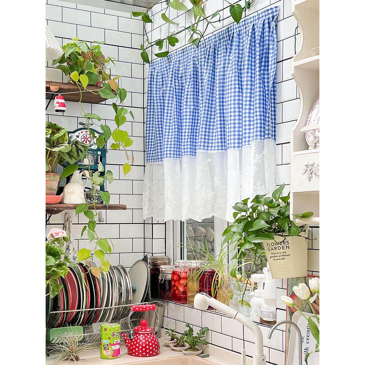 柜子遮挡帘法式棉麻蕾丝花边格子半截式遮光帘半帘短帘免打孔窗帘,居家布艺,成品窗帘,淘宝优惠券,粉丝福利购,淘宝优惠卷