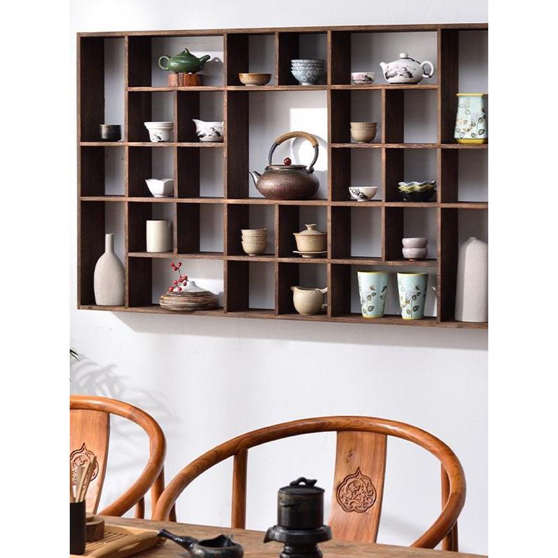 实木多宝阁茶杯架子茶壶茶具收纳置物壁挂展示架中式复古茶架48格