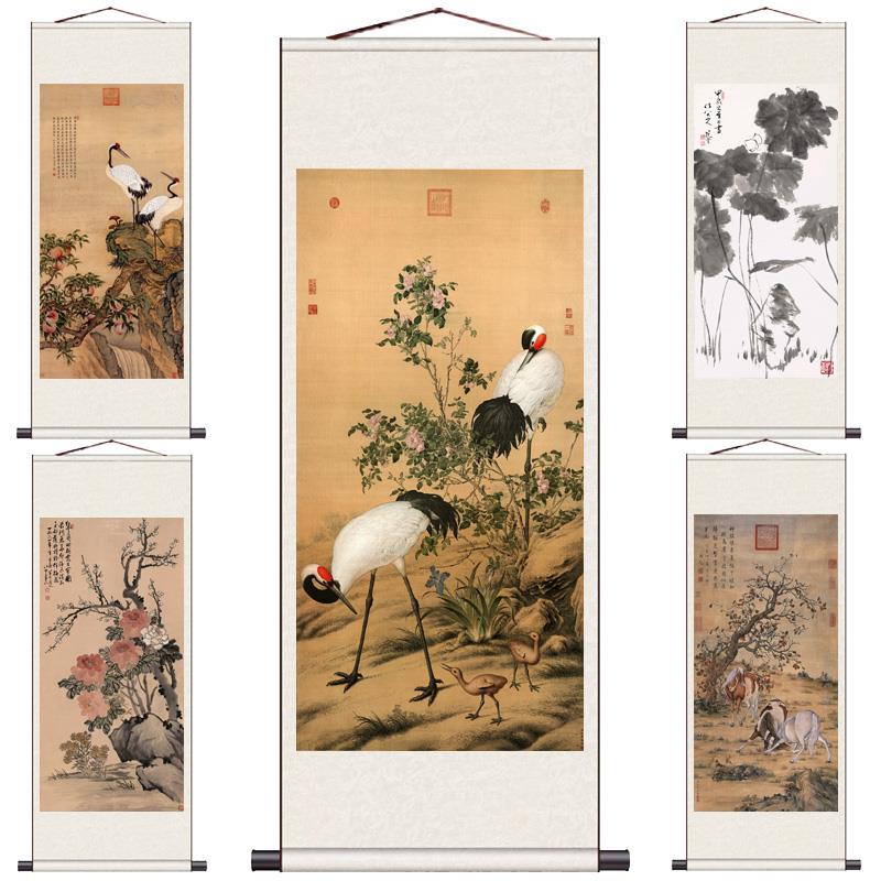 仙鹤寿桃图丝绸卷轴挂画壁画风水名家酒店装饰古典画花鸟画可定制