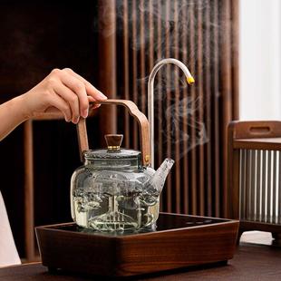 胡桃木电陶炉煮茶器自动上水茶炉家用耐高温玻璃壶蒸煮茶壶烧水壶