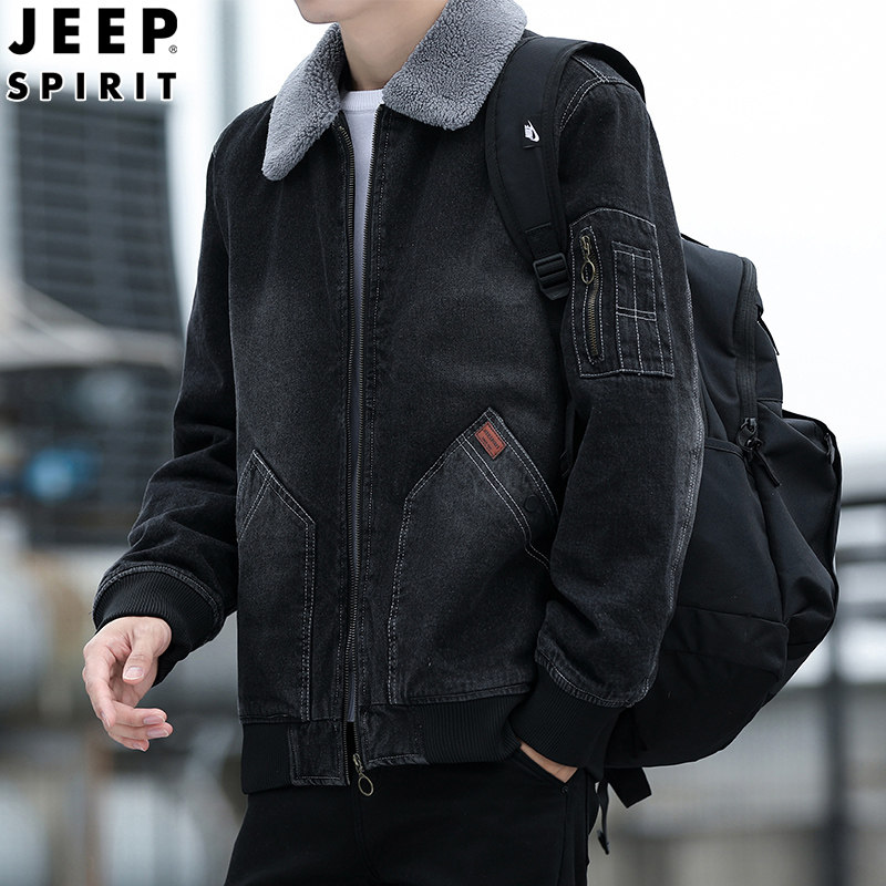 JEEPSPIRIT男牛仔棉服加绒保暖