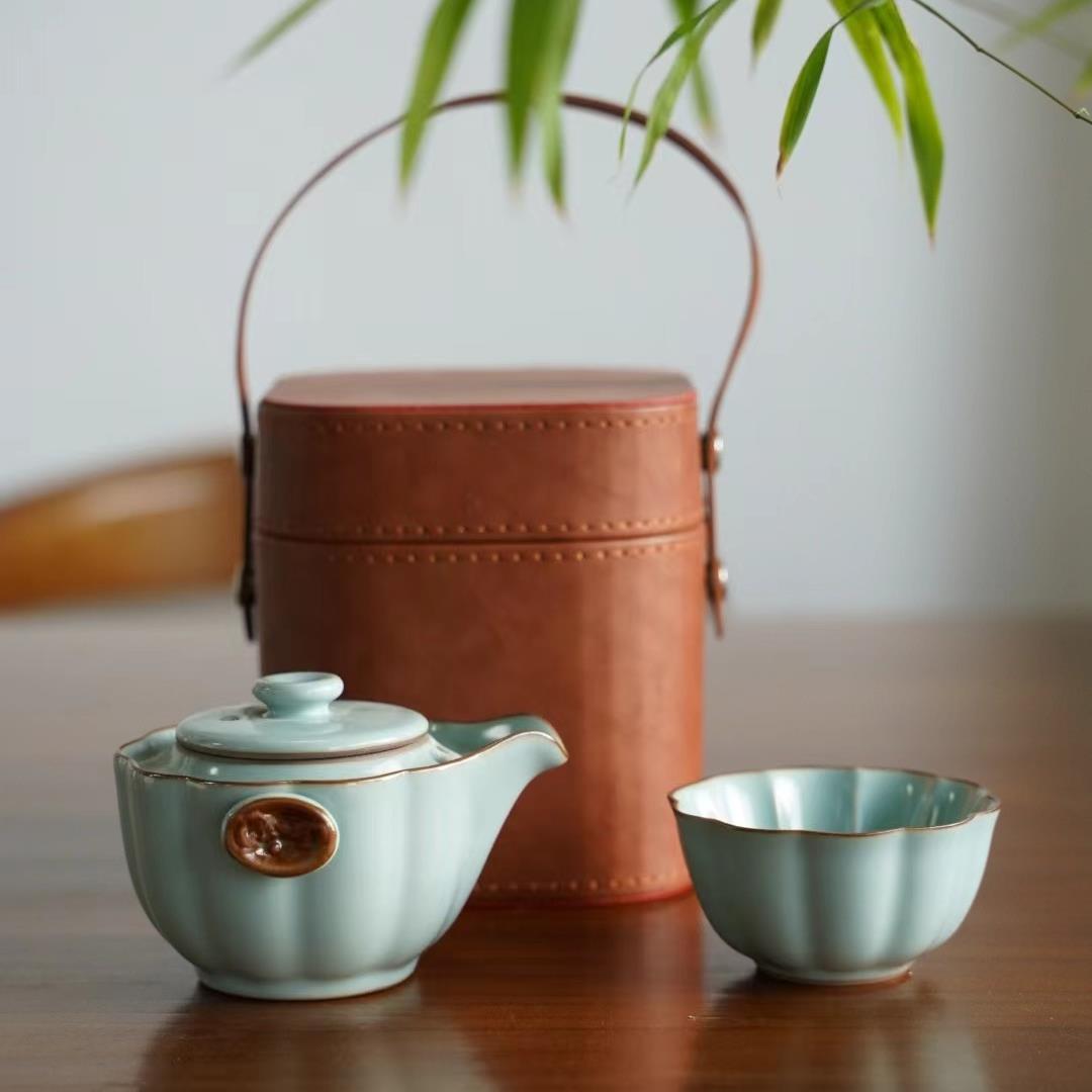 新款原矿汝窑快客杯一壶一杯户外泡茶壶茶杯便携式陶瓷小旅行茶具