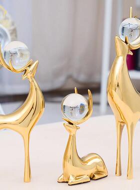 纯铜鹿饰品水晶球欧式客厅入口现代简约家装创意结婚礼品