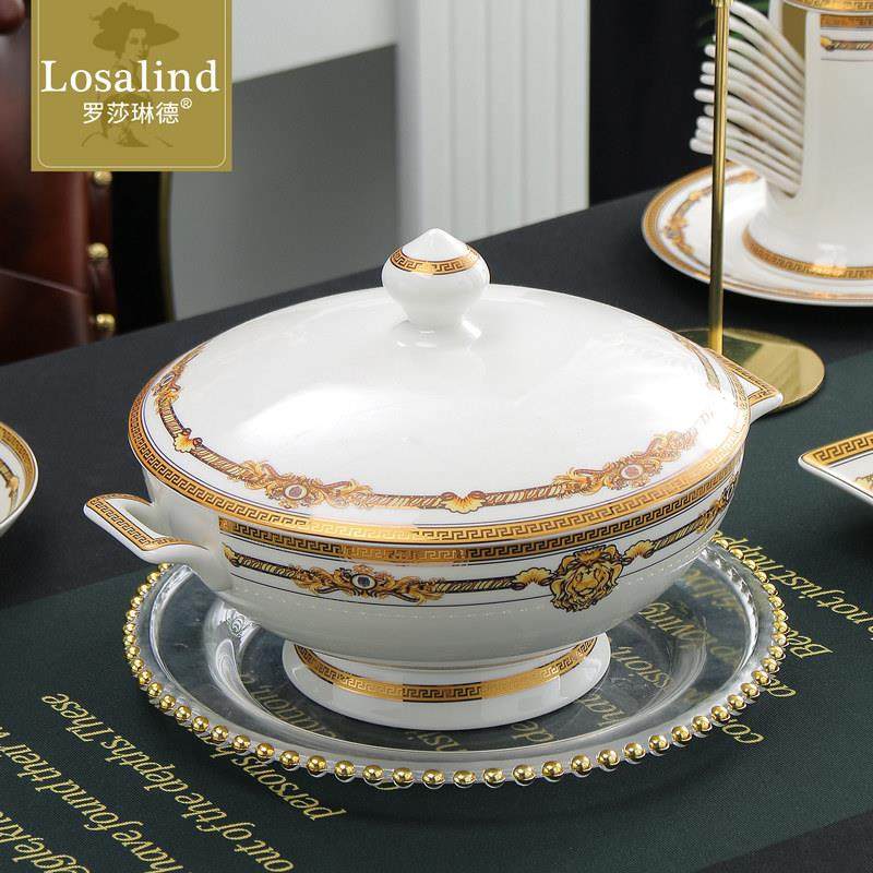 家用欧式9英寸骨瓷高足汤锅陶瓷大号品锅带盖大汤盆双耳防烫大碗,餐饮具,碗,淘宝优惠券,粉丝福利购,淘宝优惠卷