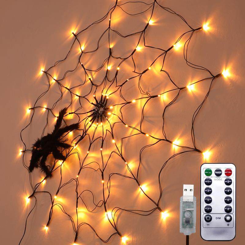 万圣节蜘蛛网造型灯室内氛围发光蜘蛛网灯串带遥控万圣节灯串