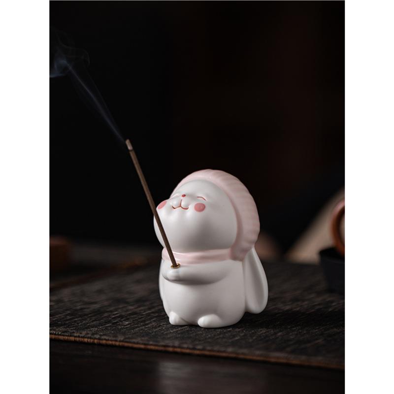 创意茶宠摆件萌萌兔线香插精品茶盘装饰可养茶玩线香托茶道茶配件