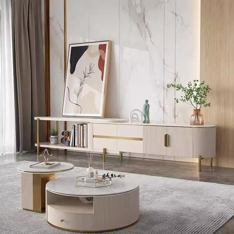 轻奢现代岩板伸缩电视柜高低圆茶几组合意式简约客厅中小户型地柜