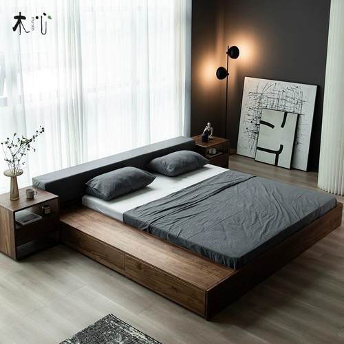 北欧实木床日式榻榻米床落地床储物床矮床黑胡桃木双人软包地台床