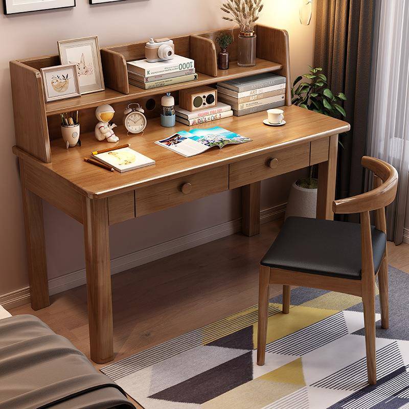 书桌全实木家用学习桌带书架一体学生写字桌卧室小户型简易电脑桌