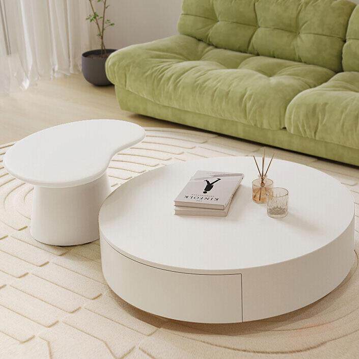网红奶油风白色烤漆大小户型客厅家用现代简约圆形茶几电视柜组合